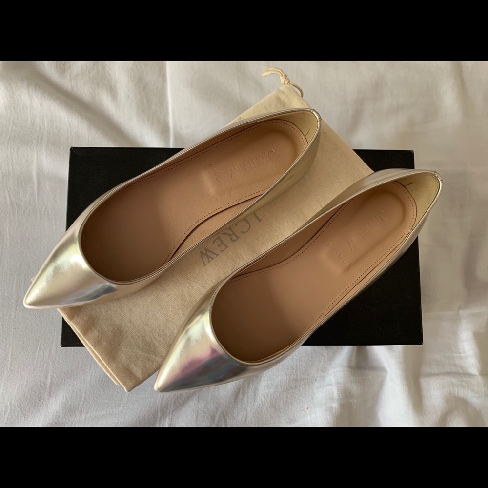 J Crew Viv Metallic Flats Platinum Leather Sz 6.5